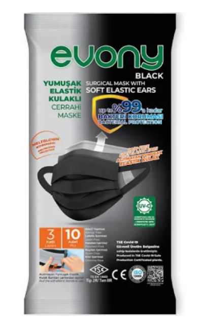 Evony Soft Elastic Ear Surgical Mask Black  10 pcs